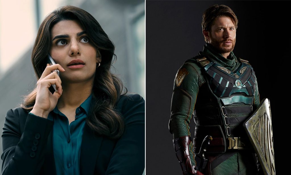 Montagem com fotos promocionais de Victoria Neuman e Homelander (Capitão Pátria) na 3ª temporada de The Boys.