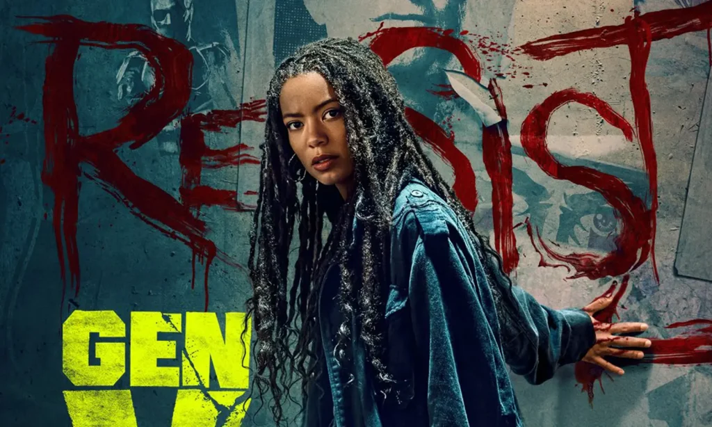 Marie Moreau passando sua mão com sangue em parede com pôsteres dos personagens de The Boys no primeiro pôster da 2ª temporada de Gen V.